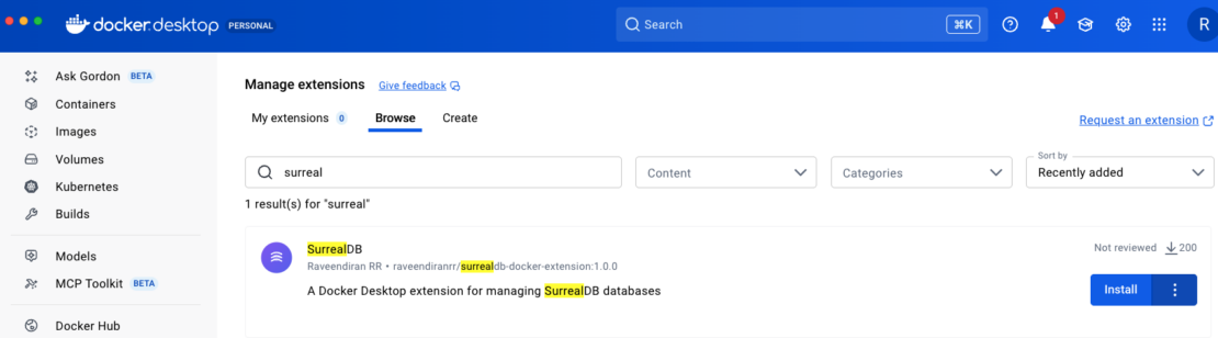 Docker Desktop 拡張機能における SurrealDB